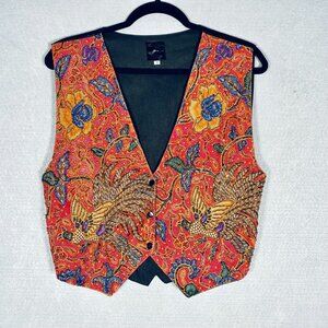 Vintage Beaded Vest Womens M Red Blue Cotton Button Up Crop Japanese Artsy Birds